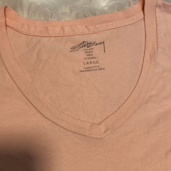 Stussy - “Old Skool Flavor’” Pink V Neck Tee Shirt sz L - Picture 6 of 8
